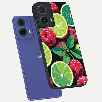  Lime and Raspberry Pattern phone case For Moto G85 showing premium glass back cover with detailed artwork