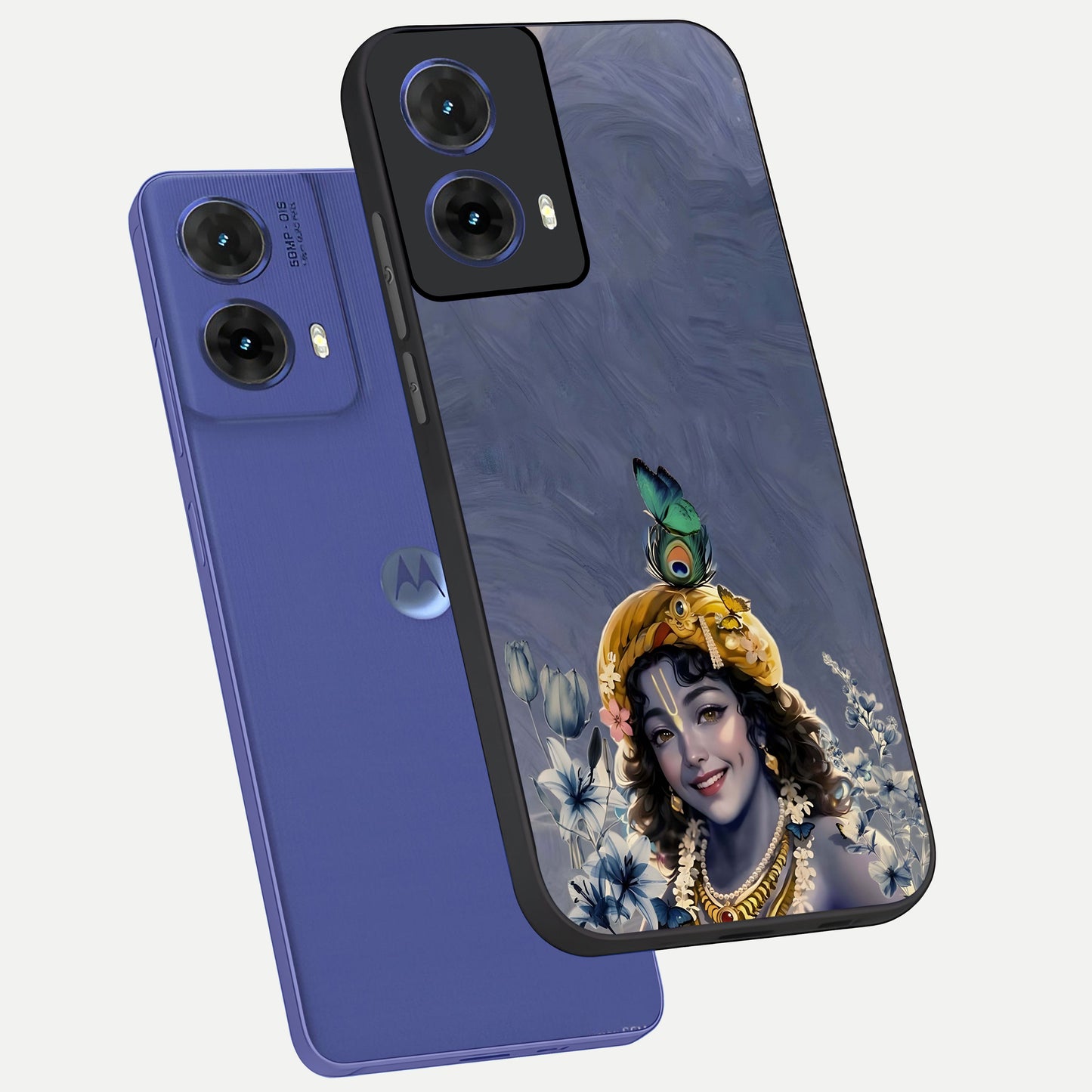  Lord Krishna phone case For Moto G85 showing premium glass back cover with detailed artwork