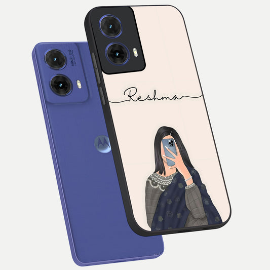  Mirror Mood Muse With Custom Name phone case For Moto G85 showing premium glass back cover with detailed artwork