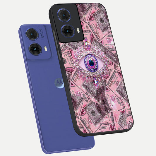  Money Eye Luxe phone case For Moto G85 showing premium glass back cover with detailed artwork