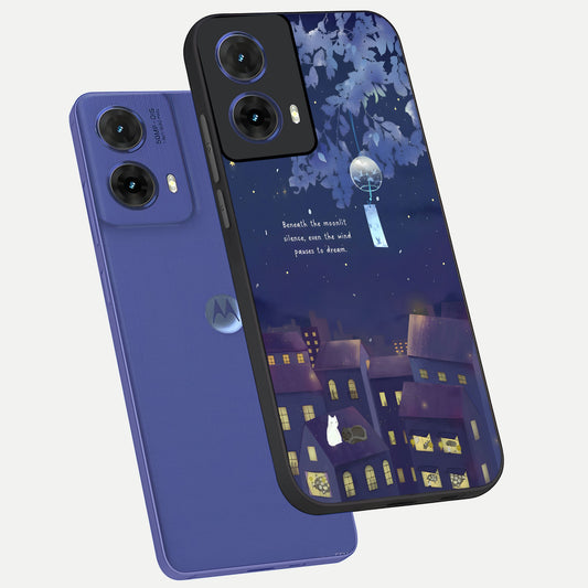  Moonlit Cat Silence phone case For Moto G85 showing premium glass back cover with detailed artwork