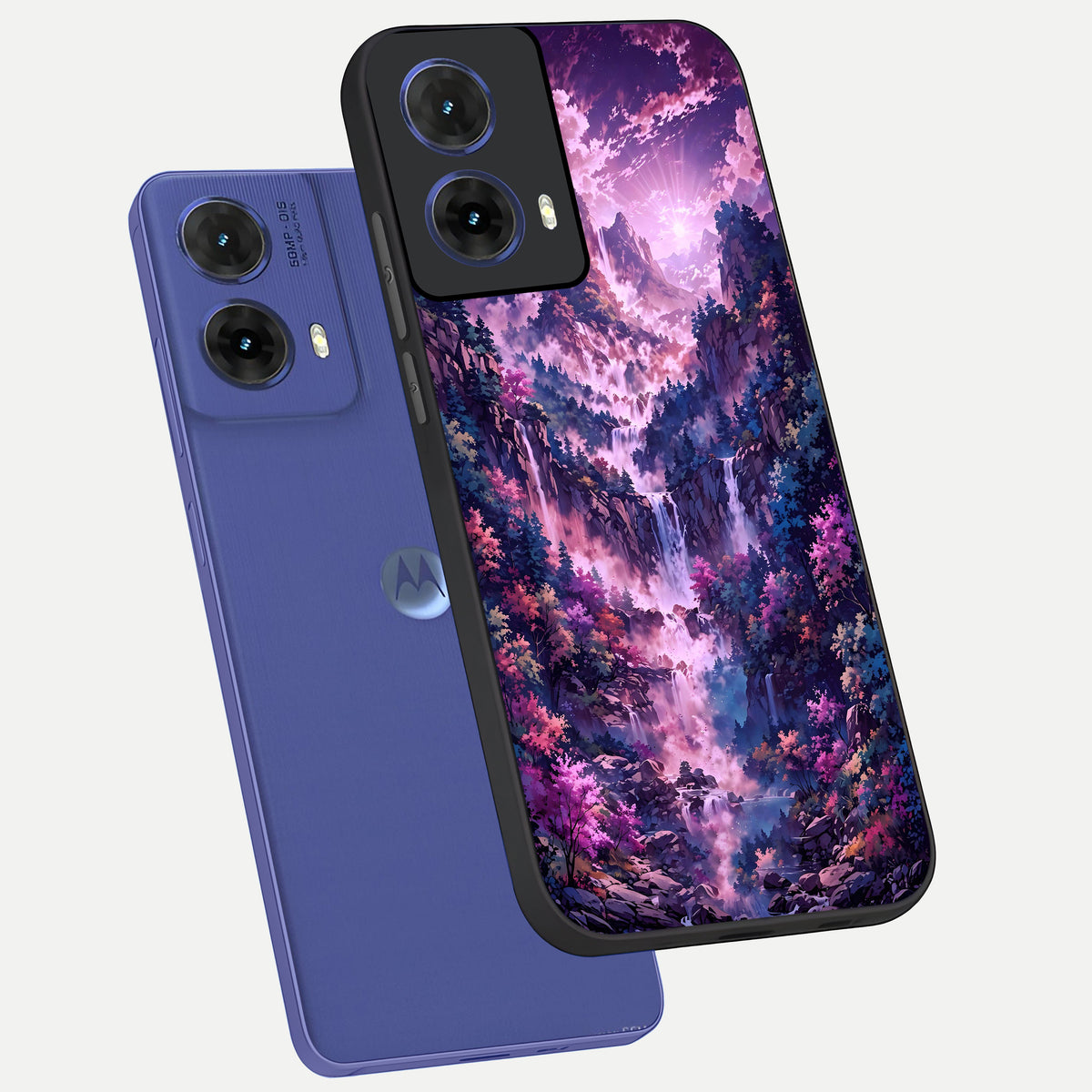  Mystic Cascade Peaks phone case For Moto G85 showing premium glass back cover with detailed artwork