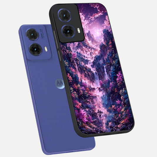  Mystic Cascade Peaks phone case For Moto G85 showing premium glass back cover with detailed artwork