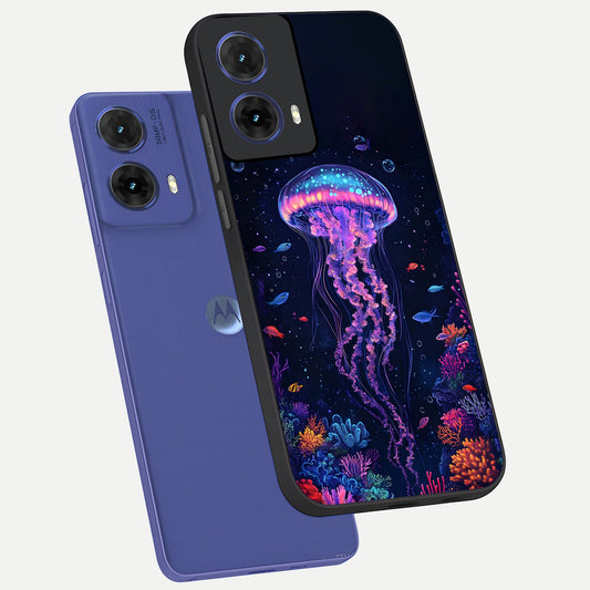  Neon Jellyfish phone case For Moto G85 showing premium glass back cover with detailed artwork