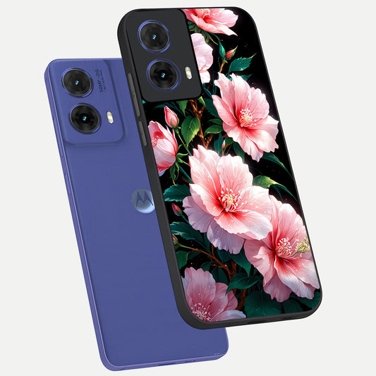  Peach Flower phone case For Moto G85 showing premium glass back cover with detailed artwork