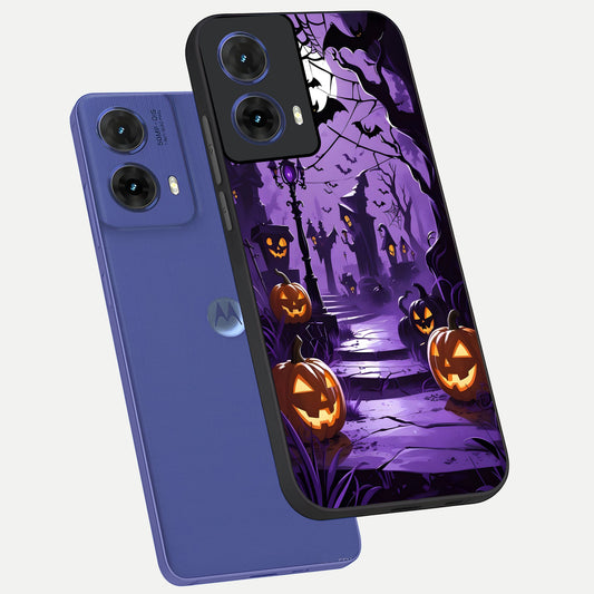  Pumpkin Patch Halloween phone case For Moto G85 showing premium glass back cover with detailed artwork