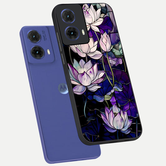  Purple Lotus Pattern phone case For Moto G85 showing premium glass back cover with detailed artwork