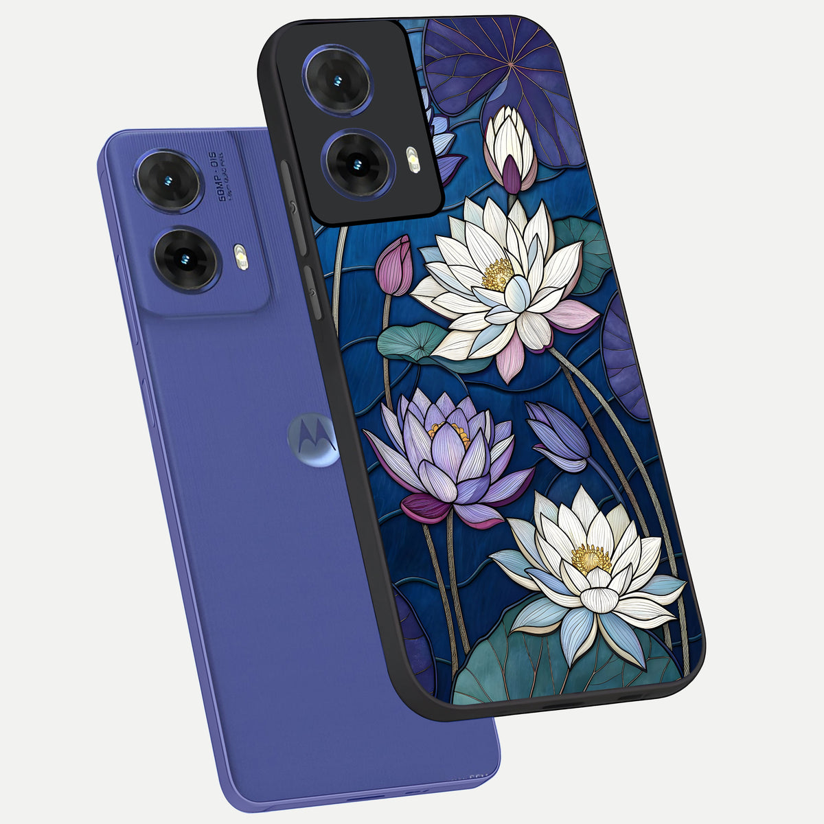  Purple Lotus Stained phone case For Moto G85 showing premium glass back cover with detailed artwork