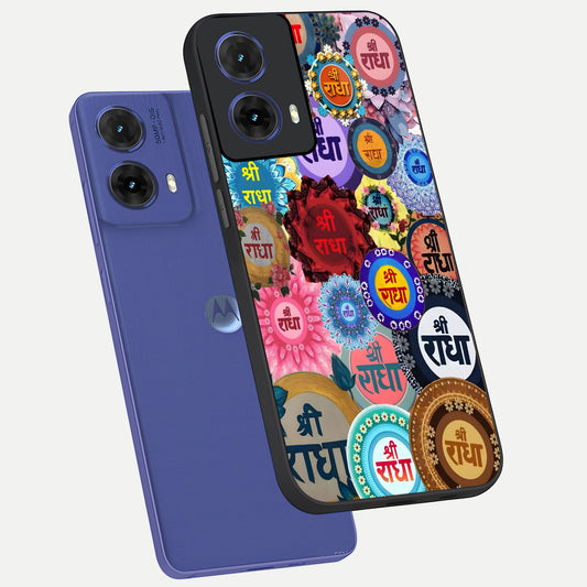  Radha Divine Bloom phone case For Moto G85 showing premium glass back cover with detailed artwork