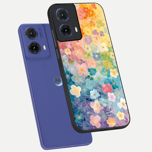 Rainbow Blossom Burst phone case For Moto G85 showing premium glass back cover with detailed artwork