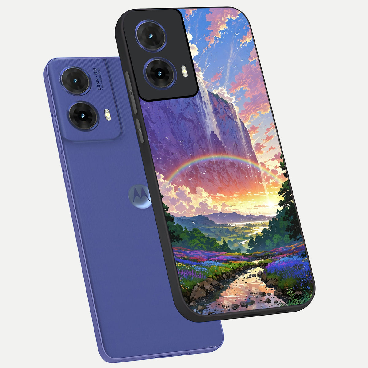  Rainbow Valley Dream phone case For Moto G85 showing premium glass back cover with detailed artwork
