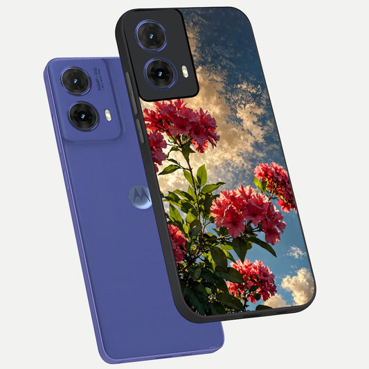  Red Bloom Skies phone case For Moto G85 showing premium glass back cover with detailed artwork