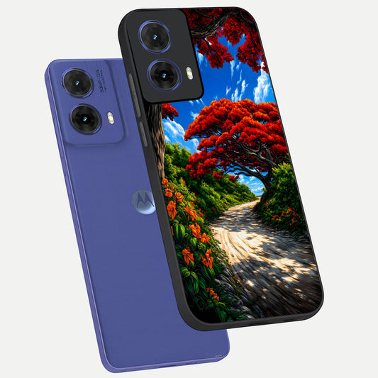  Red Trees Pathway phone case For Moto G85 showing premium glass back cover with detailed artwork