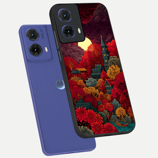  Scarlet Autumn Temple phone case For Moto G85 showing premium glass back cover with detailed artwork