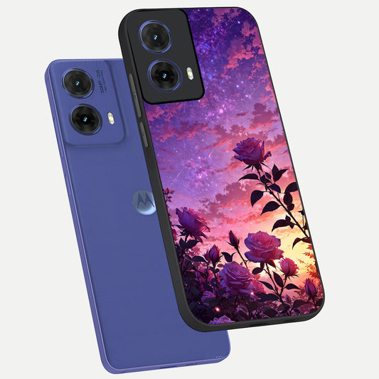 Starlit Rose Twilight phone case For Moto G85 showing premium glass back cover with detailed artwork