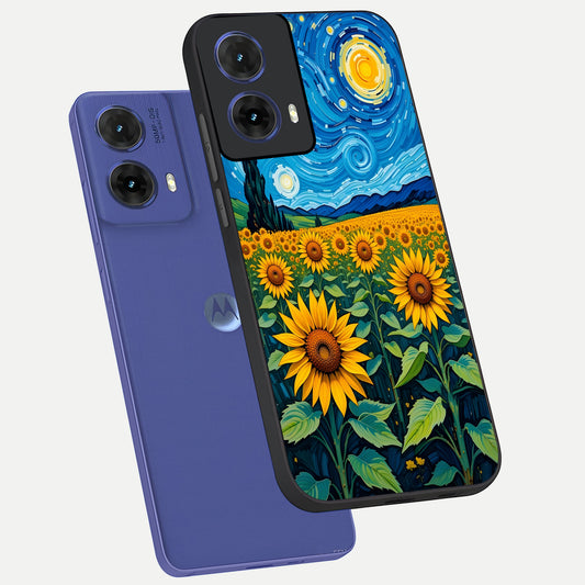  Starry Sunflower Dreams phone case For Moto G85 showing premium glass back cover with detailed artwork