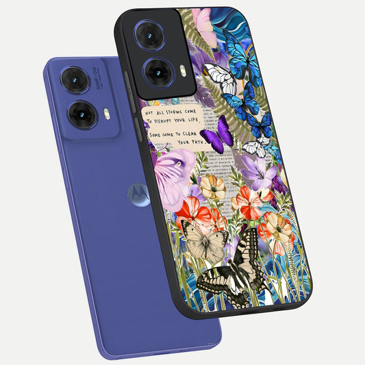  Storm Path Bloom phone case For Moto G85 showing premium glass back cover with detailed artwork