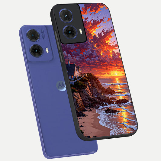  Sunset House By Sea phone case For Moto G85 showing premium glass back cover with detailed artwork