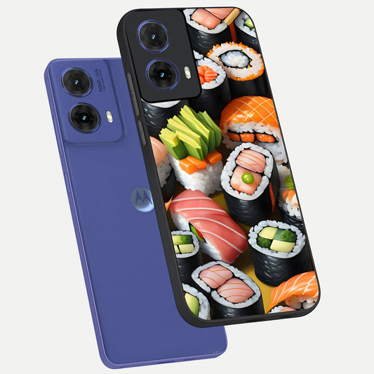  Sushi Food Pattern phone case For Moto G85 showing premium glass back cover with detailed artwork