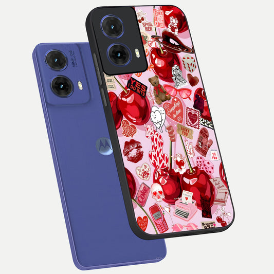  Sweet Cherry Chaos phone case For Moto G85 showing premium glass back cover with detailed artwork
