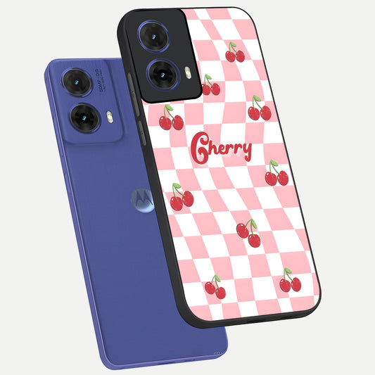  Sweet Cherry Vibes phone case For Moto G85 showing premium glass back cover with detailed artwork