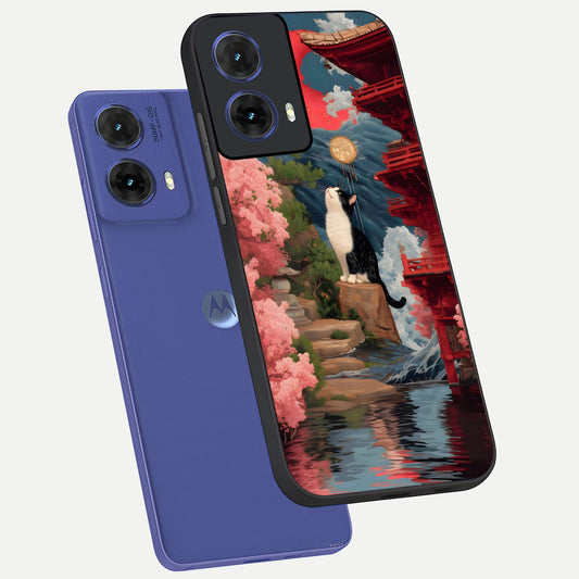  Temple Cat Scenery phone case For Moto G85 showing premium glass back cover with detailed artwork