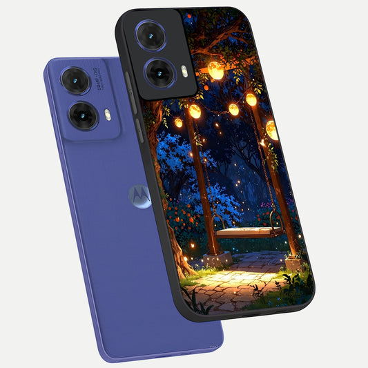  Twilight Garden Swing phone case For Moto G85 showing premium glass back cover with detailed artwork