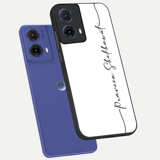  White Tune Custom Name phone case For Moto G85 showing premium custom name glass back cover