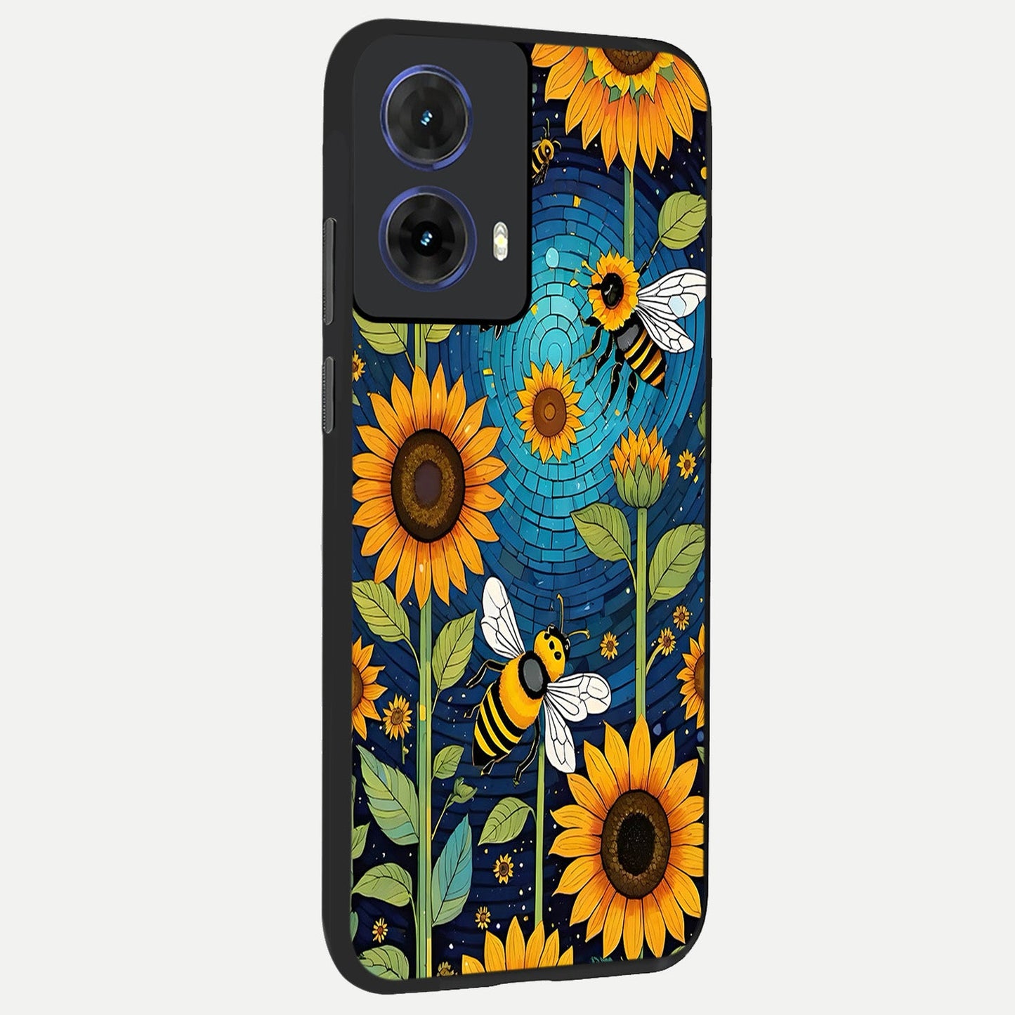  Bees And Sunflowers back cover For Moto G85 slim fit glass case with vibrant aesthetic design