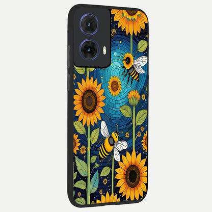  Bees And Sunflowers back cover For Moto G85 slim fit glass case with vibrant aesthetic design