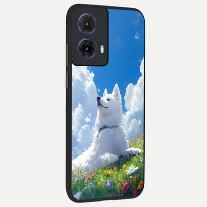  Blissful Cloud Pup back cover For Moto G85 slim fit glass case with vibrant aesthetic design