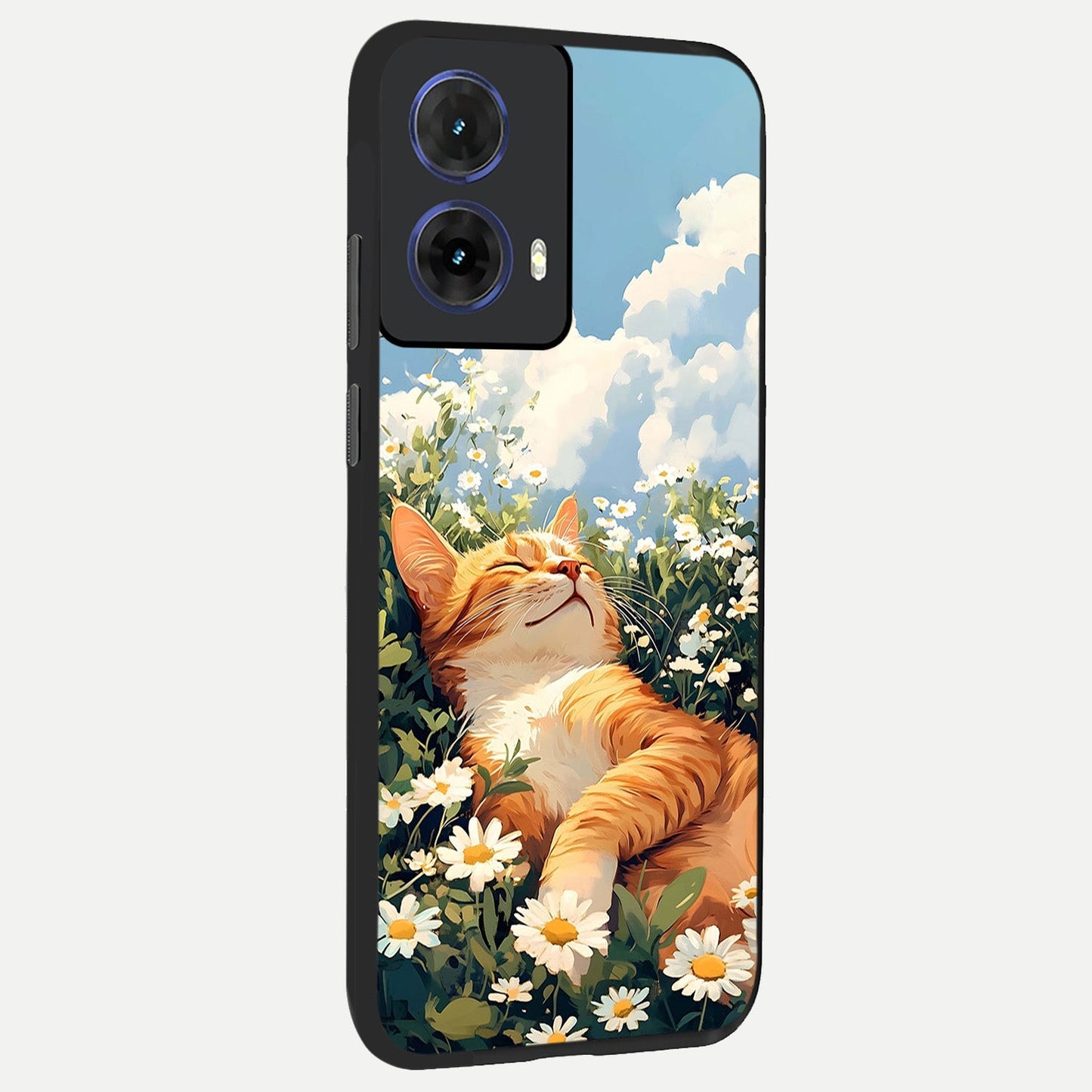  Cat And Flowers View back cover For Moto G85 slim fit glass case with vibrant aesthetic design