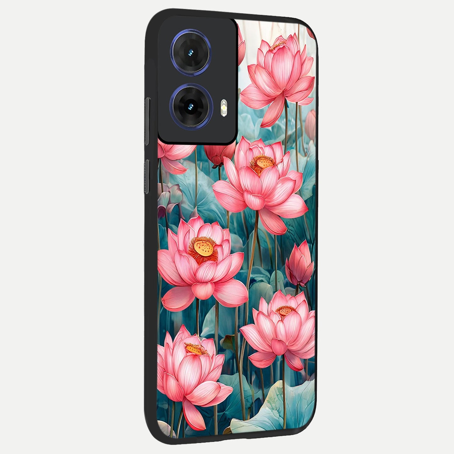  Celestial Pink Lotus back cover For Moto G85 slim fit glass case with vibrant aesthetic design