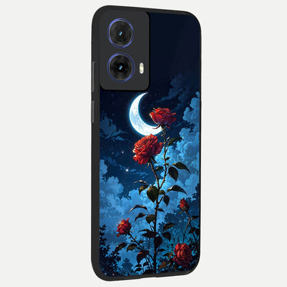  Crimson Rose Moon back cover For Moto G85 slim fit glass case with vibrant aesthetic design