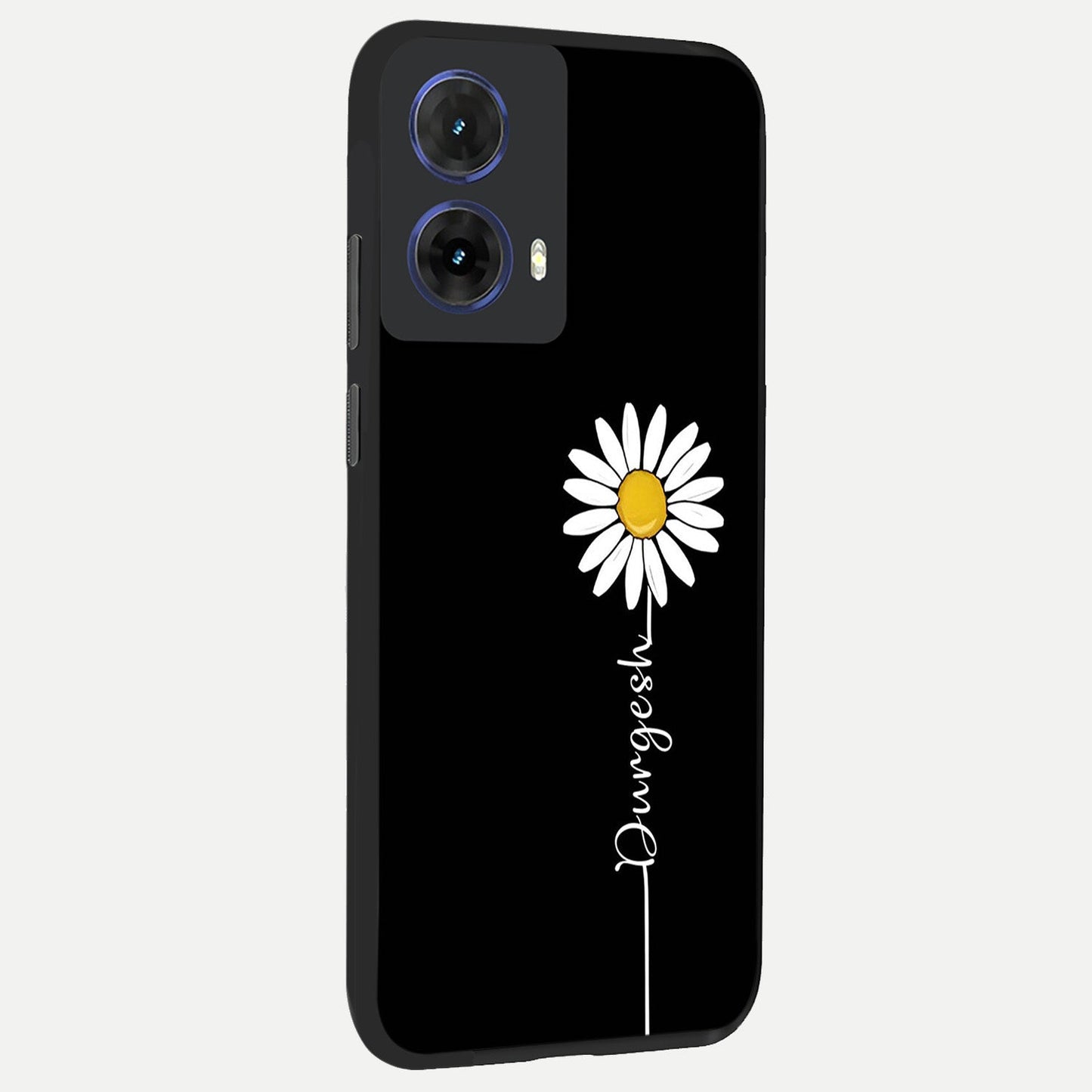  Custom Name White Flower back cover For Moto G85 slim fit glass case with vibrant aesthetic design