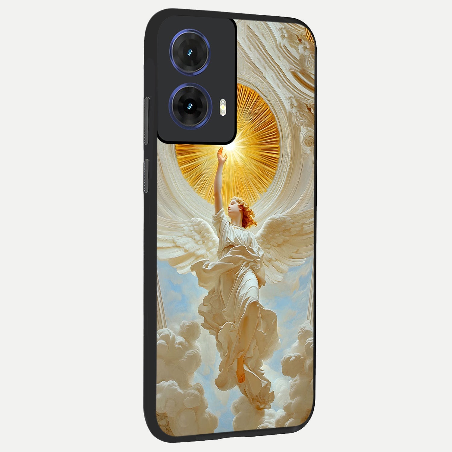 Divine Light Angel back cover For Moto G85 slim fit glass case with vibrant aesthetic design
