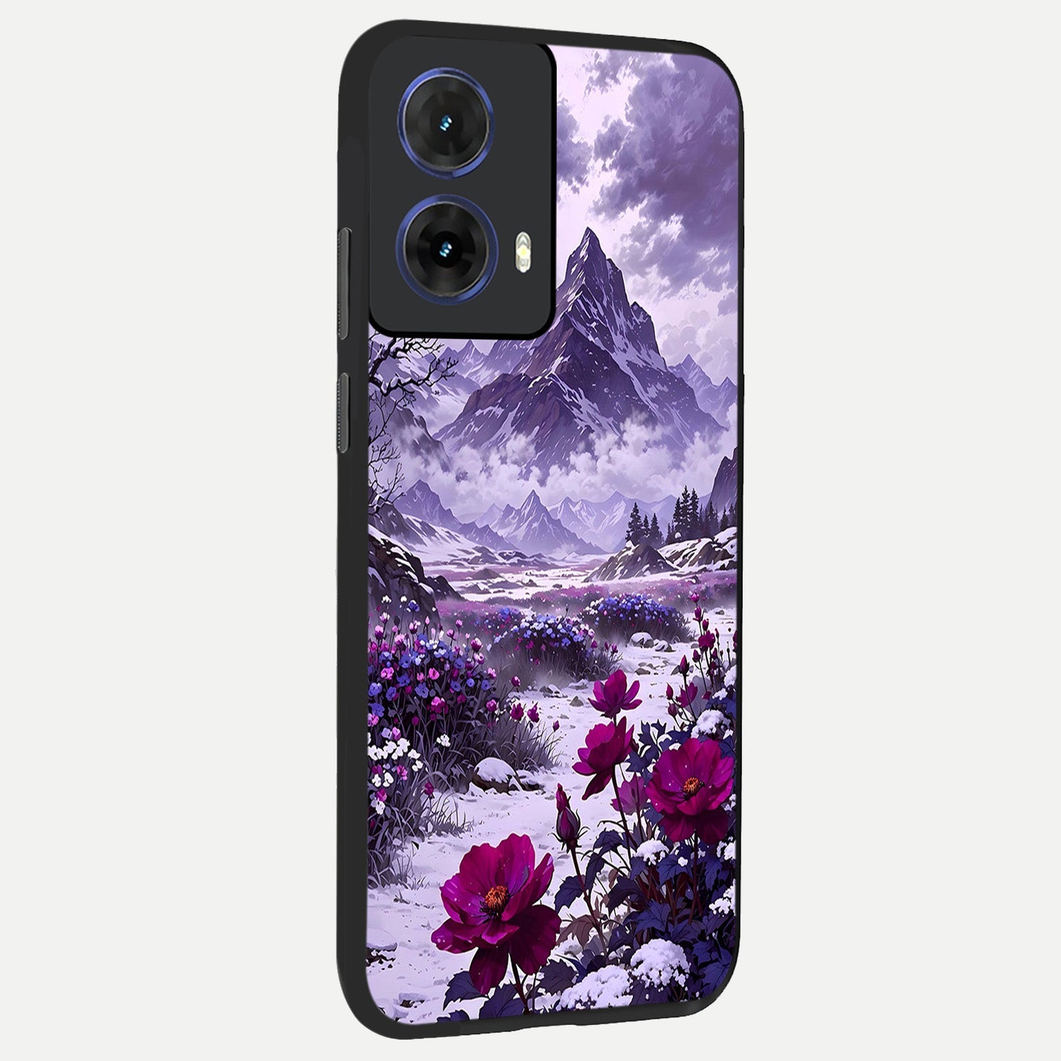  Flower Mountain View back cover For Moto G85 slim fit glass case with vibrant aesthetic design