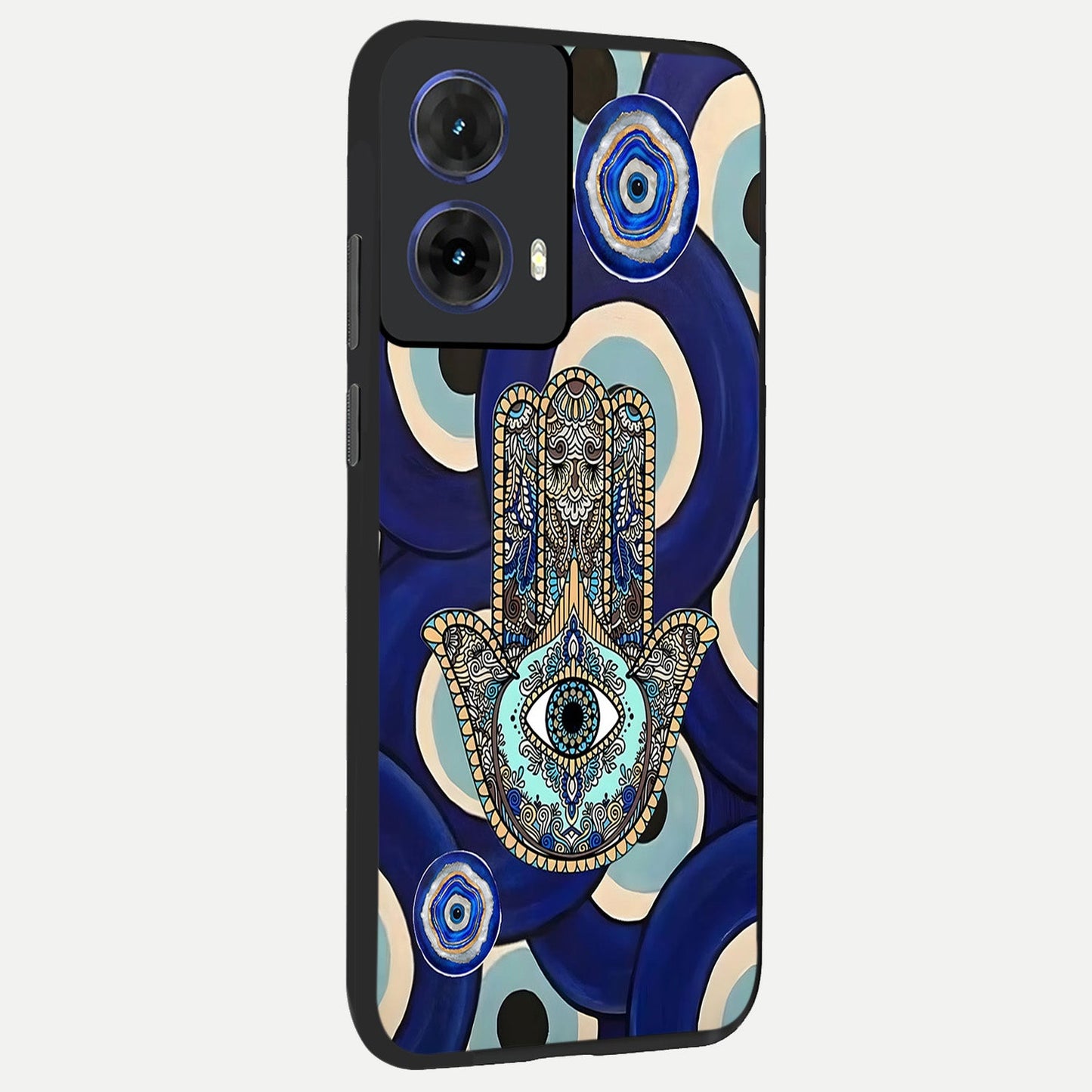  Hamsa Divine Guard back cover For Moto G85 slim fit glass case with vibrant aesthetic design