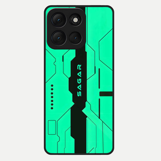  Aqua Tech CYBERPUNK Custom Name Glass Case For Moto G86 Power back cover – full design glossy printed glass finish