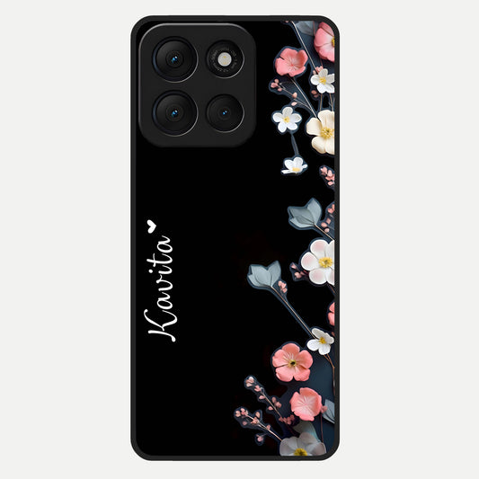  Black Elegance Floral Custom Name Glass Case For Moto G86 Power back cover – full design glossy printed glass finish