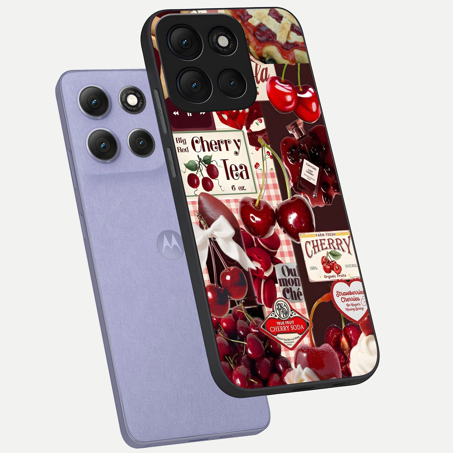  Aesthetic Cherry Tea phone case For Moto G86 Power showing premium glass back cover with detailed artwork