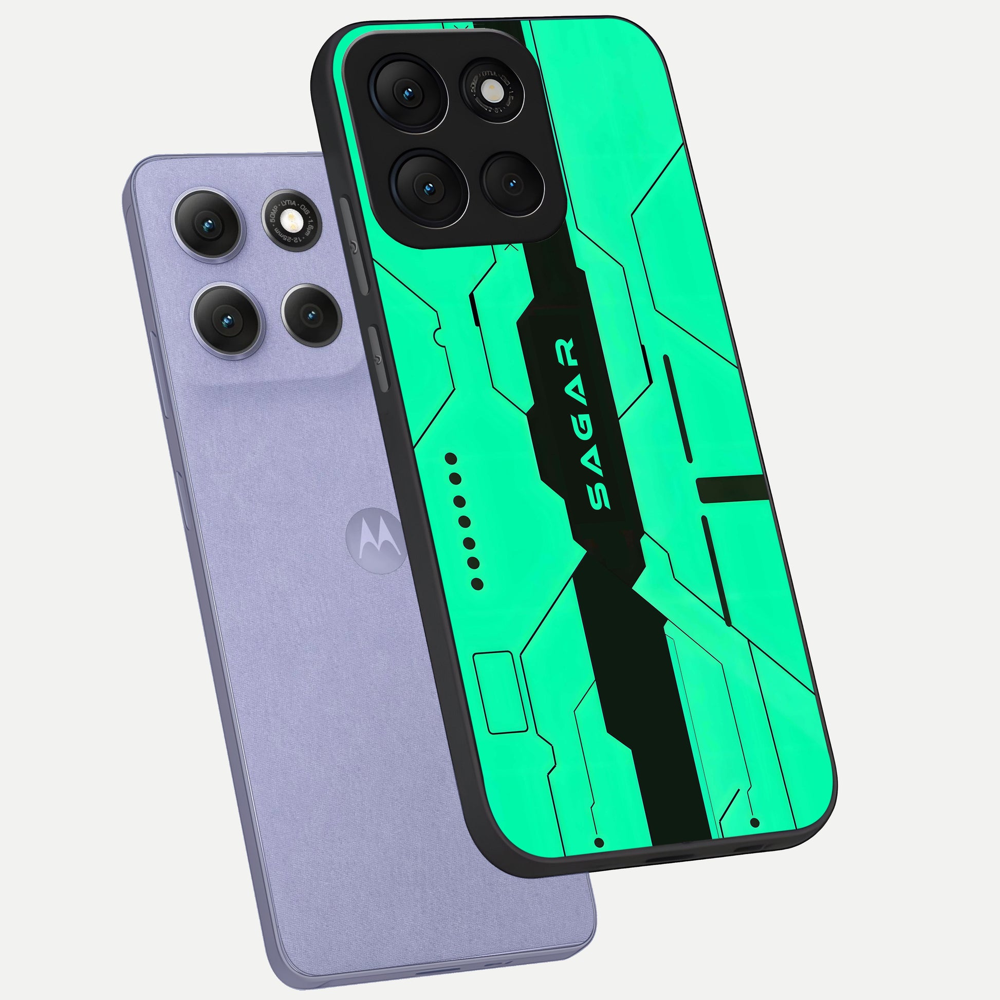  Aqua Tech CYBERPUNK Custom Name phone case For Moto G86 Power showing premium glass back cover with detailed artwork