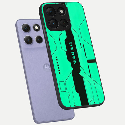 Aqua Tech CYBERPUNK Custom Name phone case For Moto G86 Power showing premium glass back cover with detailed artwork