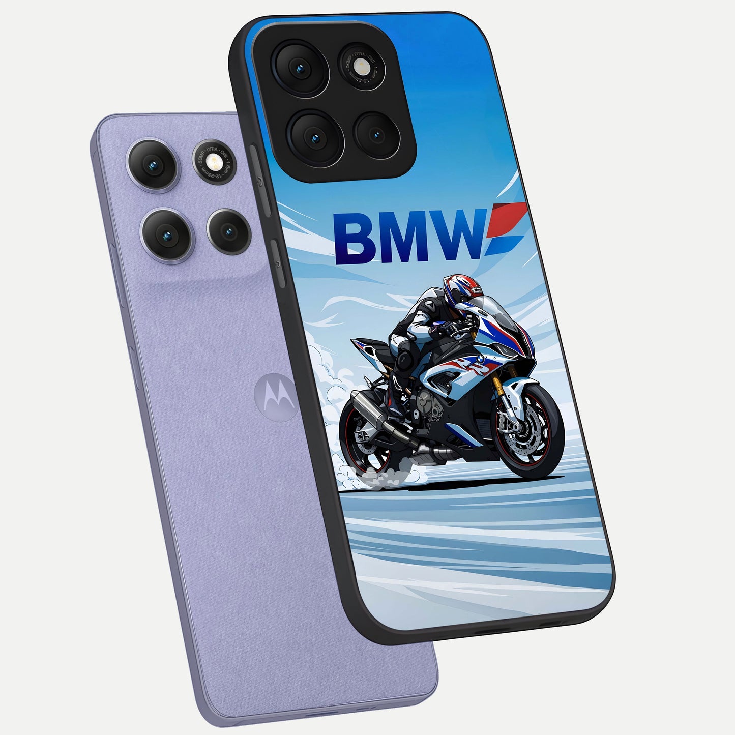  BMW Power Drift phone case For Moto G86 Power showing premium glass back cover with detailed artwork