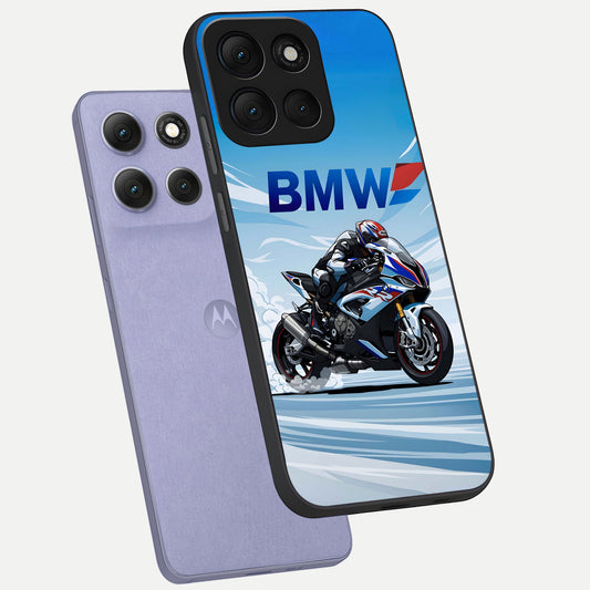  BMW Power Drift phone case For Moto G86 Power showing premium glass back cover with detailed artwork