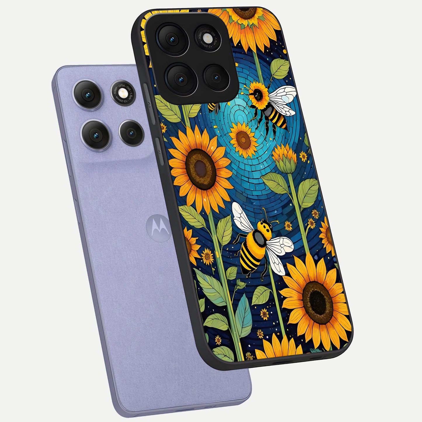  Bees And Sunflowers phone case For Moto G86 Power showing premium glass back cover with detailed artwork
