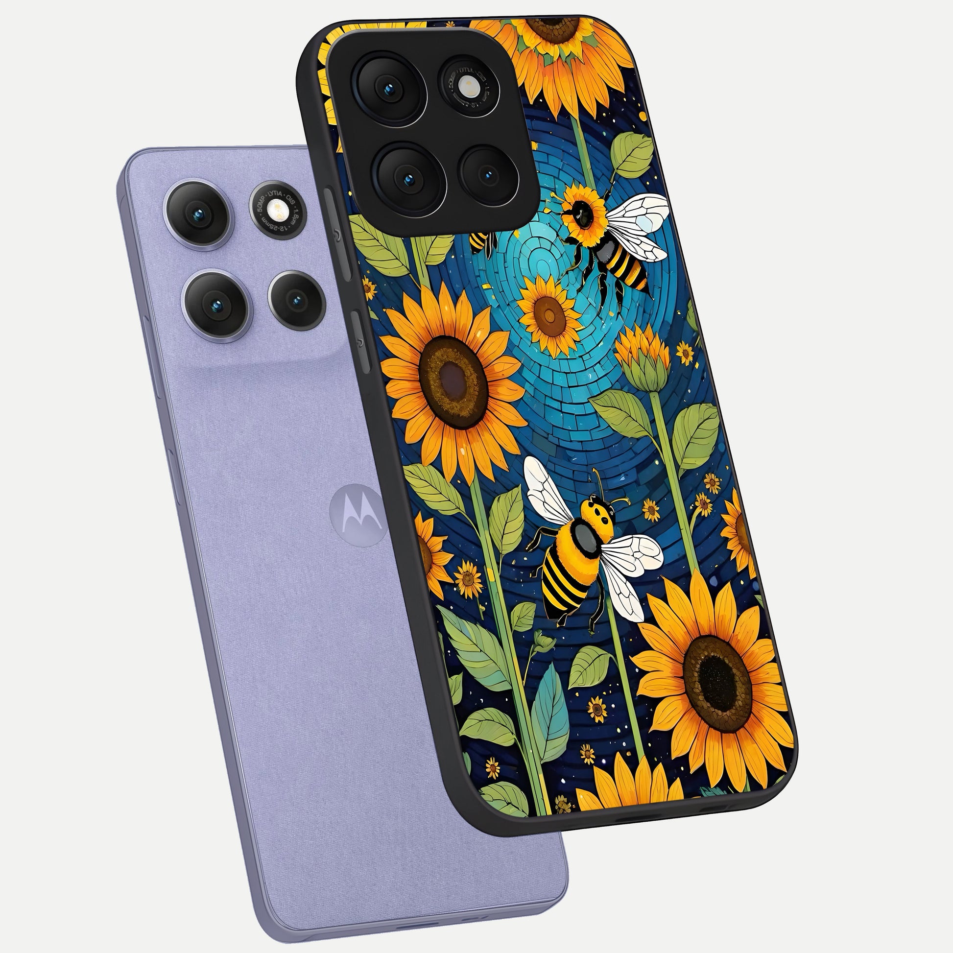  Bees And Sunflowers phone case For Moto G86 Power showing premium glass back cover with detailed artwork