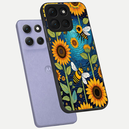  Bees And Sunflowers phone case For Moto G86 Power showing premium glass back cover with detailed artwork