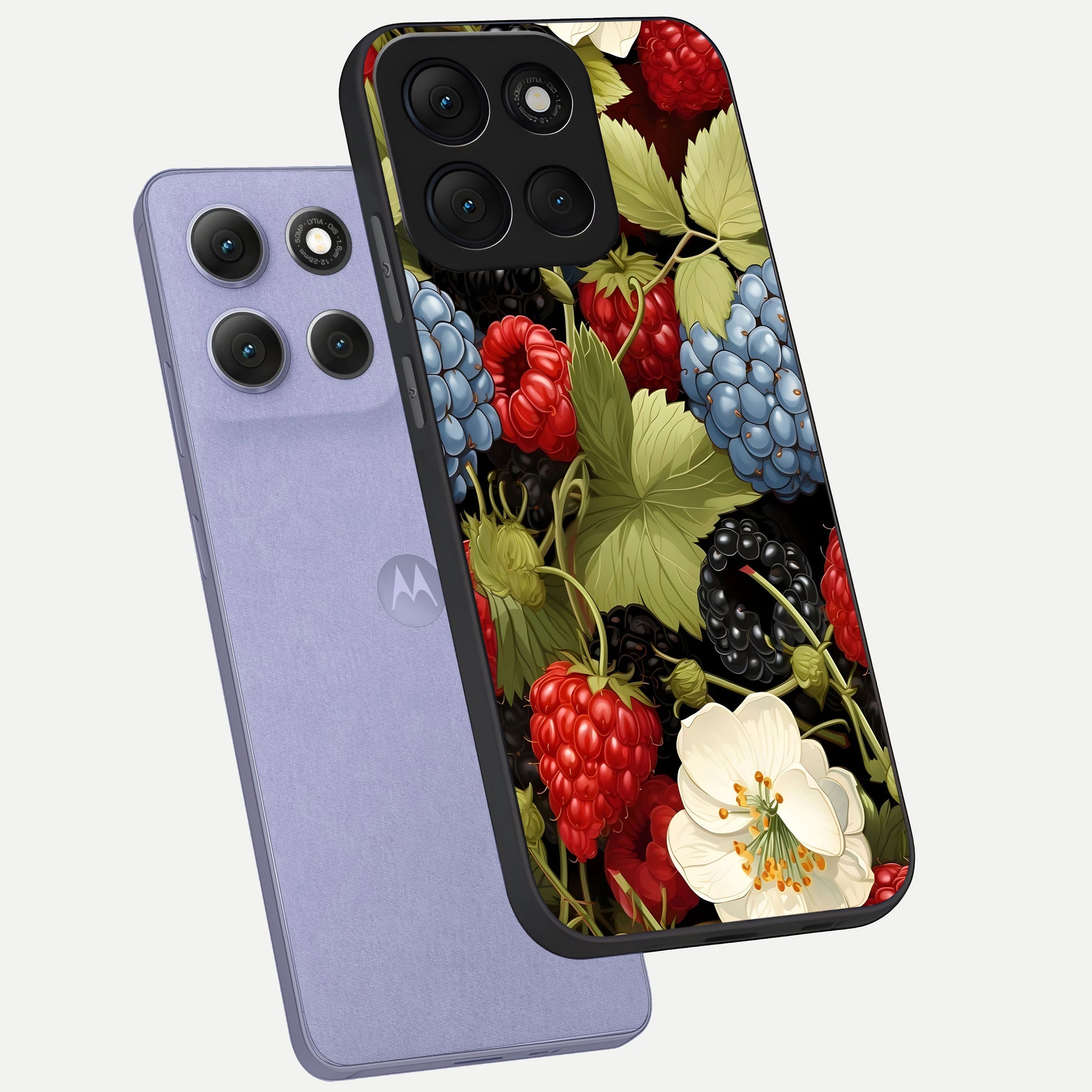  Berry Bloom Charm phone case For Moto G86 Power showing premium glass back cover with detailed artwork