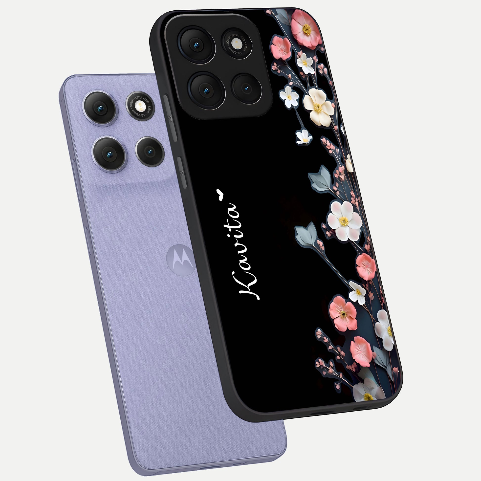  Black Elegance Floral Custom Name phone case For Moto G86 Power showing premium glass back cover with detailed artwork